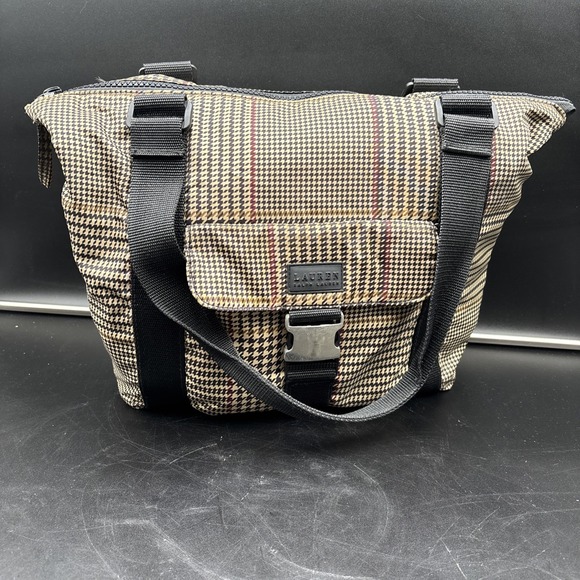 Ralph Lauren Nylon Houndstooth Tote Satchel Bag Purse Tan Navy Maroon Y2K 90s GU - Picture 1 of 11